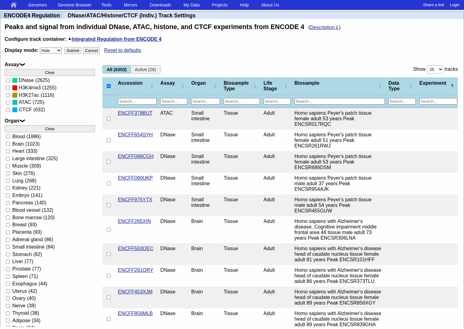 Faceted composite interface showing facets, search boxes, and a paginated subtrack table
