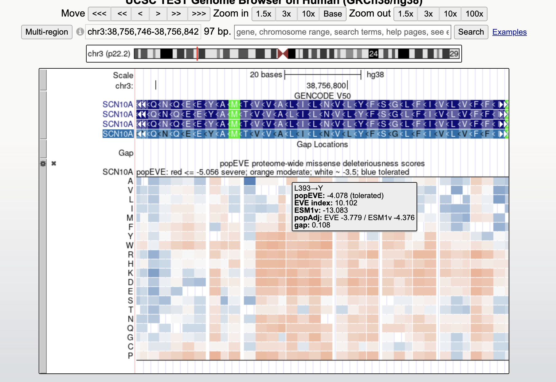 Genome Browser screenshot of the popEVE track at the SCN10A locus on hg38