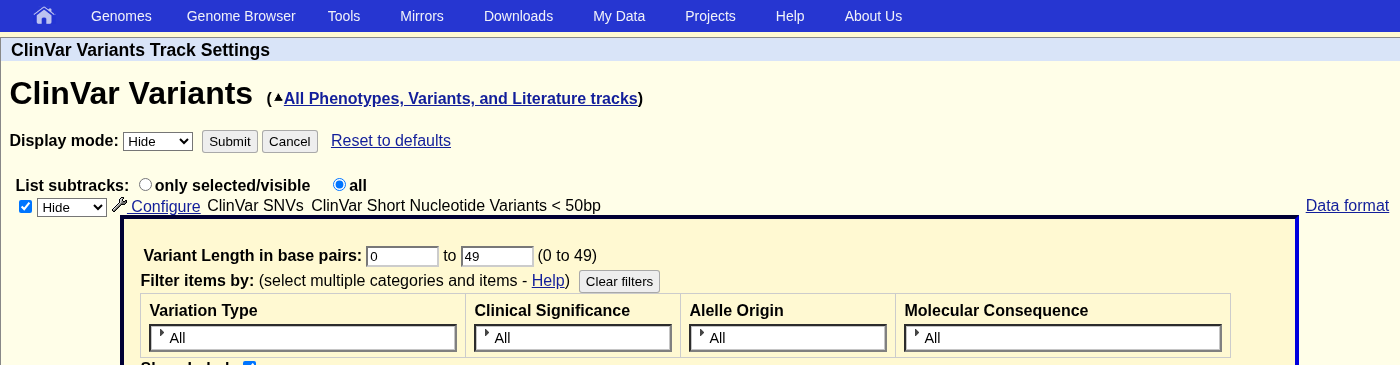 ClinVar track configuration page with filters
