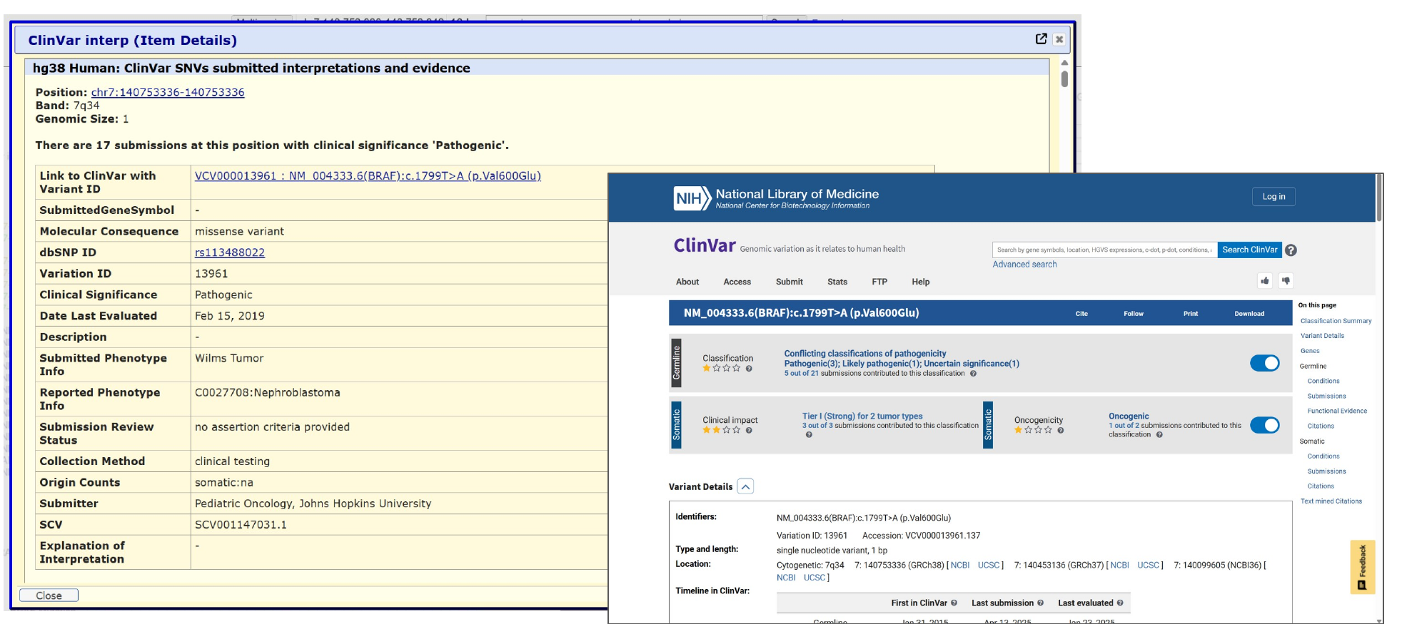 Clicking a ClinVar interp item in the Browser opens its full ClinVar record