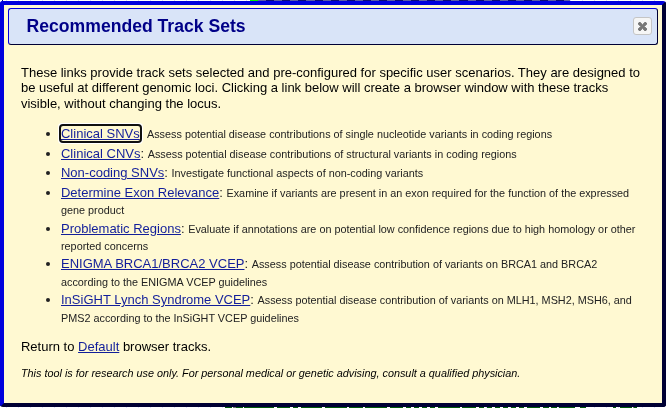 Recommended Track Sets pop-up window on hg38